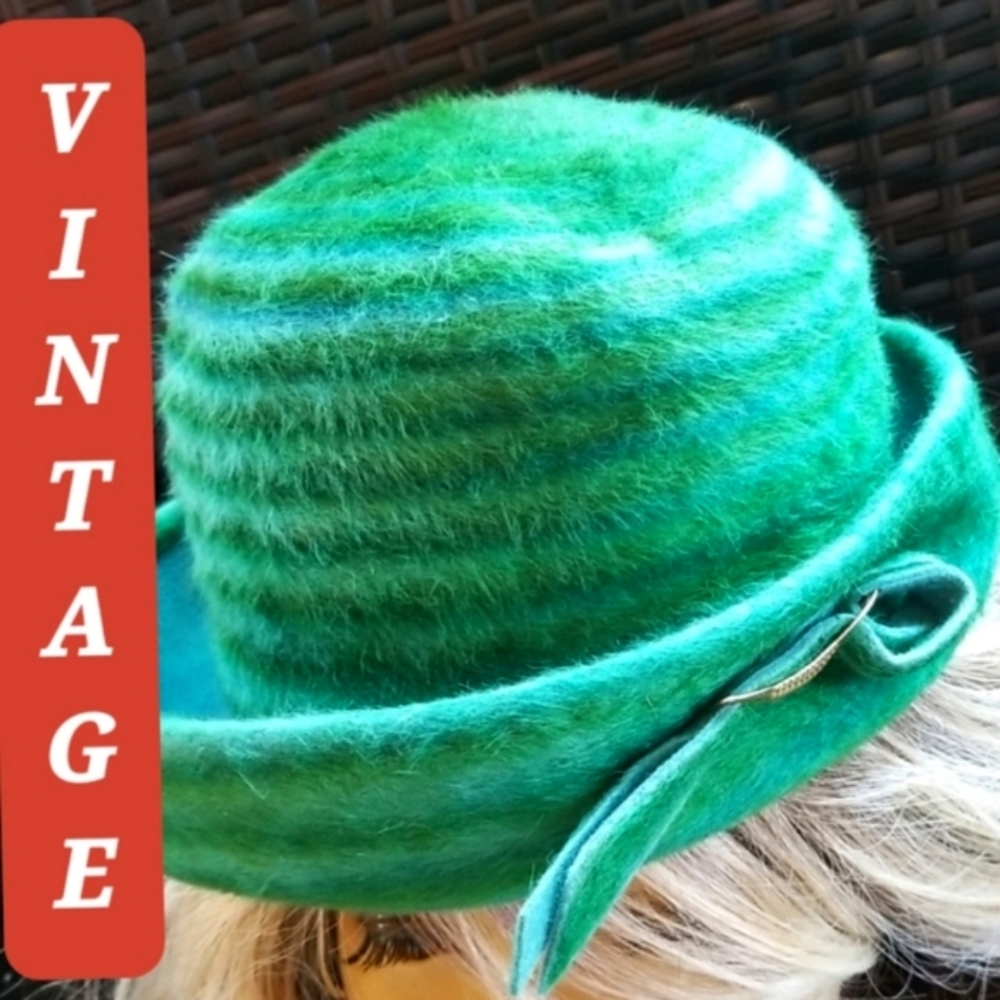 60s PARKE LAYNE Grass  Green Turquoise Striped Wool Bowler Angora Mohair Bow Hat